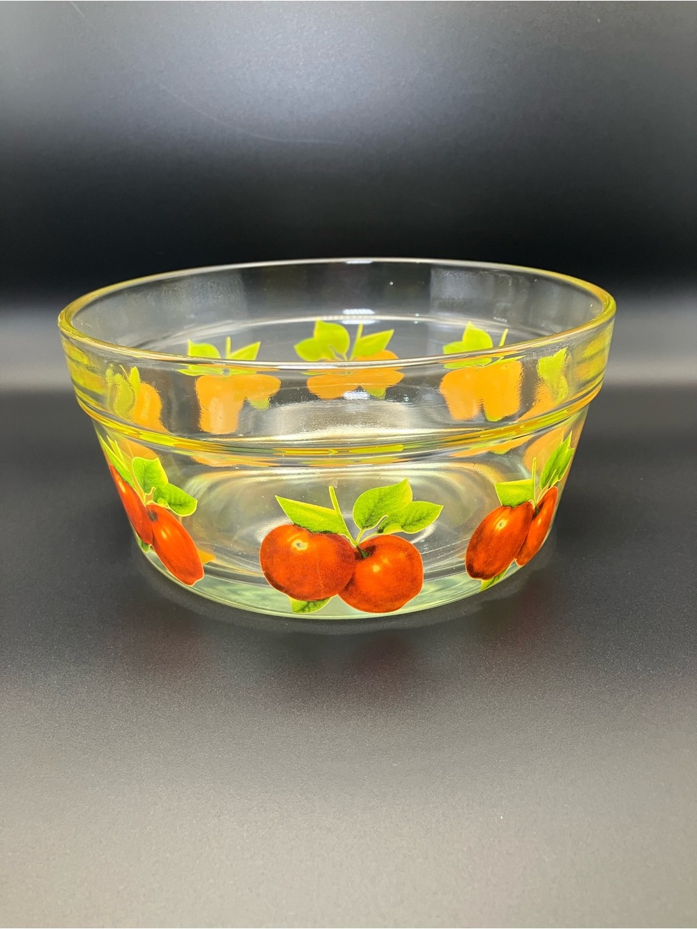 Vintage Clear Glass Fruit Bowl with Red Apple Motif